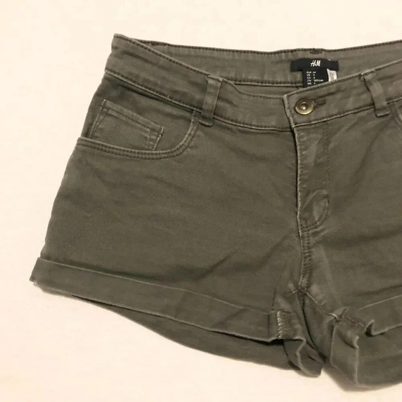 H&M Cuffed Shorts Olive Green Denim Mid Rise Womens Size 4 - Picture 6 of 12